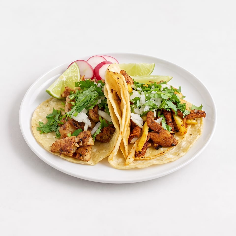 Three corn tortilla tacos filled with grilled meat, onions, cilantro, lime wedges, and radishes on a white plate.