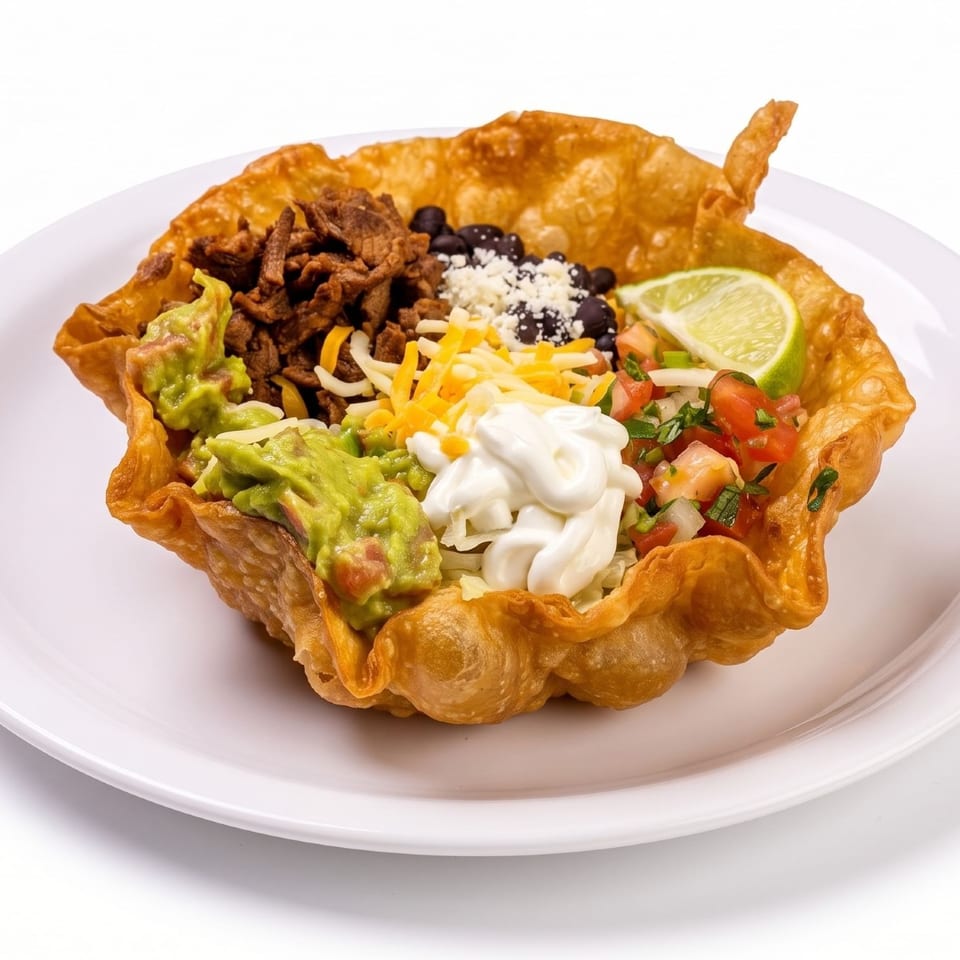Crispy tortilla bowl filled with seasoned beef, black beans, guacamole, cheese, sour cream, pico de gallo, and lime.