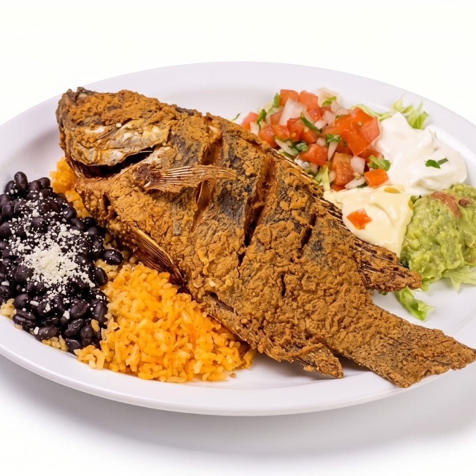 Fried whole fish served with black beans, yellow rice, pico de gallo, lettuce, sour cream, and guacamole.